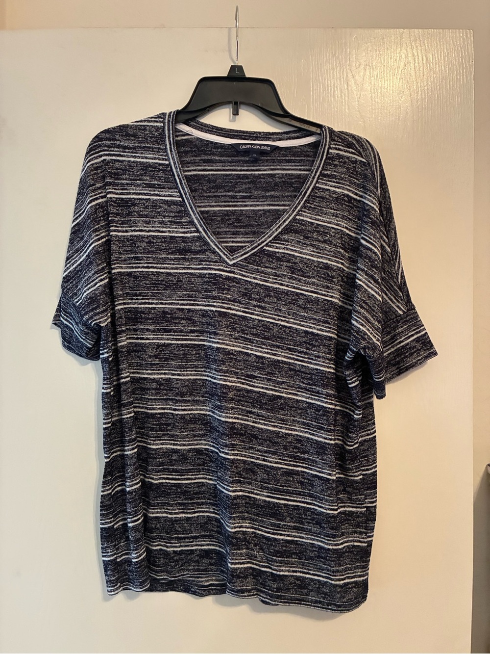 Calvin Klein Jeans Navy & White Striped V-Neck Tee Shirt